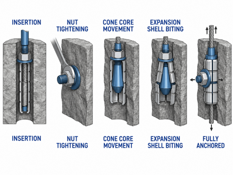Diagram showing immediate mechanical anchorage of expansion shell cable bolts